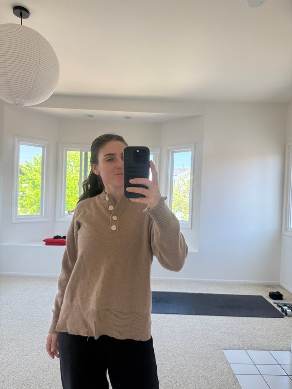Theory Camel Button-Neck Wool Blend Sweater